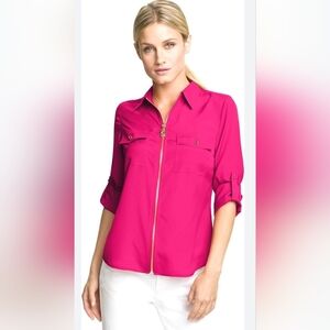 Michael Kors Radiant Pink Womens Dog Tag Zip Front Blouse
